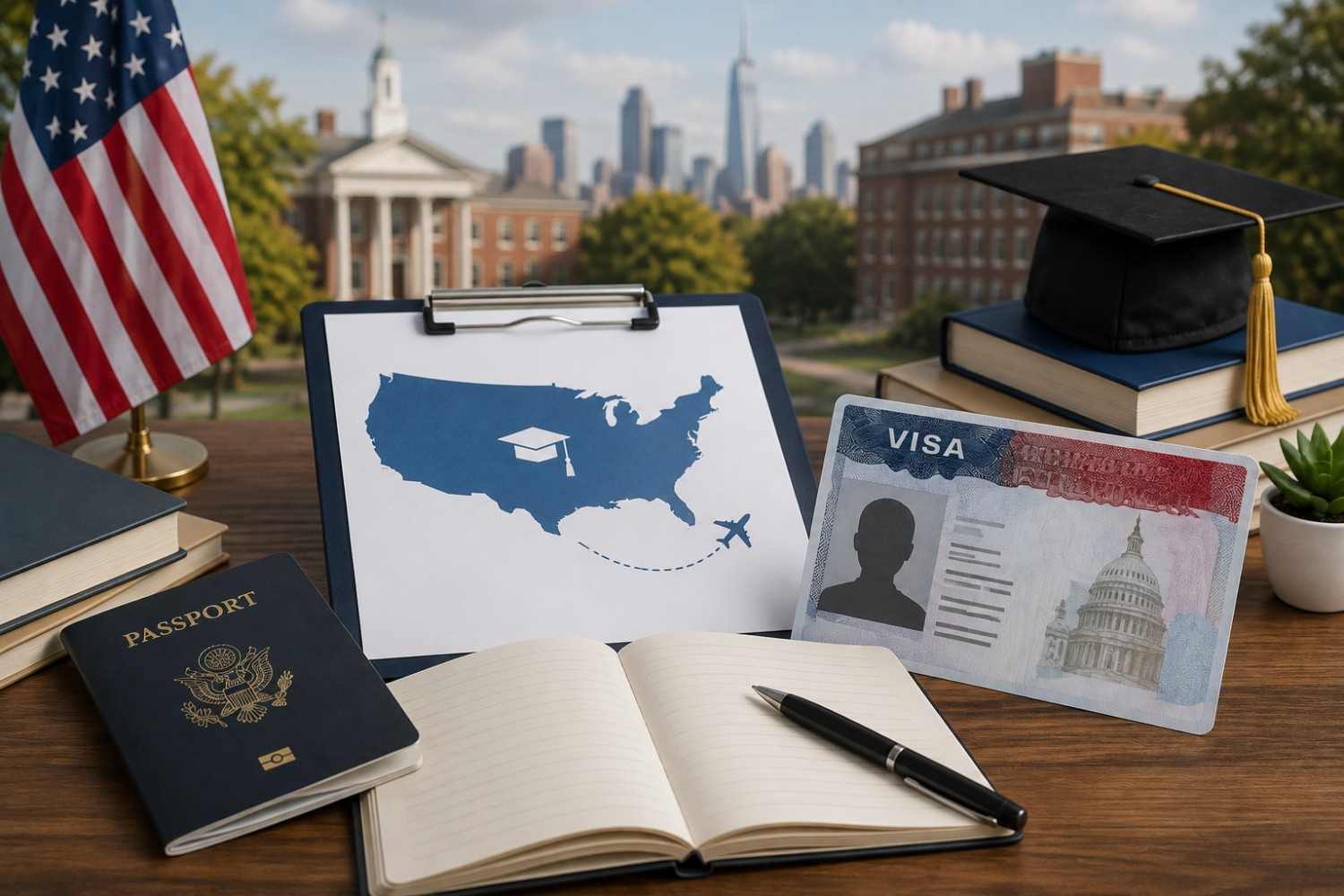 F1 visa for MBA in USA with passport, student visa, graduation cap, U.S. university campus and study-abroad documents.